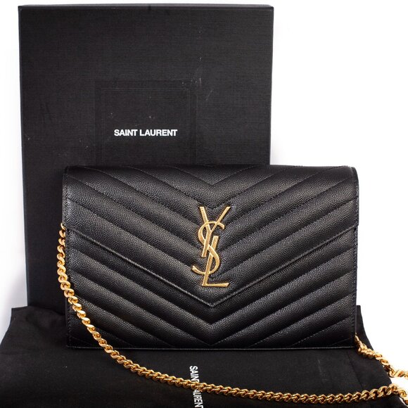 Yves Saint Laurent Handbags - Authentic Saint Laurent Classic Cassandre Black Grain De Poudre Wallet on Chain